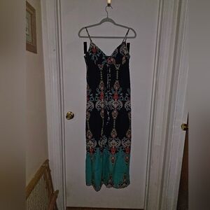 Xhilaration Black & Teal Printed Spaghetti-Strap Maxi Dress